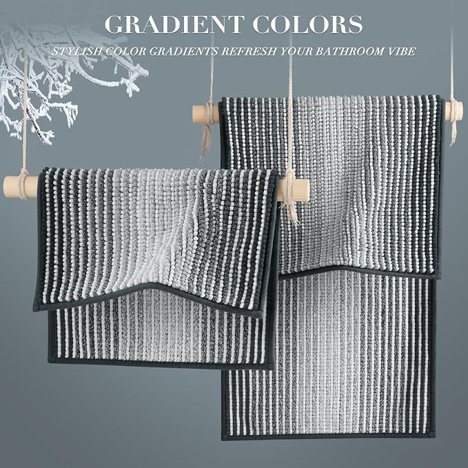 Bathroom Rugs Sets 2 Piece, Non Slip Striped Bath Mats, Blue Grey | 20"x47" Plus 16"x24", Soft Absorbent Chenille, Quick Dry Machine Washable, Shower Rug for Bathroom Floor, Tub, Bedroom Decor