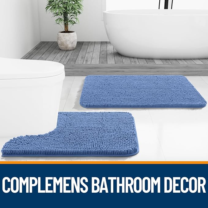 OLANLY Small Bathroom Rugs 24x16, Soft Absorbent Chenille Bath Rugs, Rubber Backing Quick Dry, Machine Washable Bath Mats for Bathroom Floor, Tub and Shower, Home Decor Accessories, Cornflower Blue | Cornflower Blue, Quick-Drying Rubber Backing, Washab...