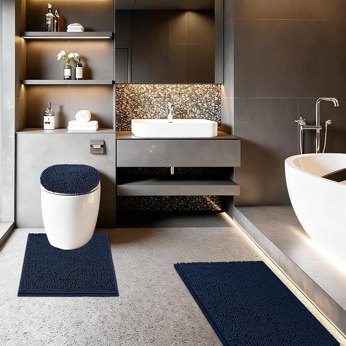 Bathroom Rugs Sets 3 Piece with Toilet Seat Cover 19.5"x 18.5" | Machine Washable Bath Rug Set with Tpr Non Slip Rubber Backing Solid Bath Mat Set for Luxury Bathroom Decoration