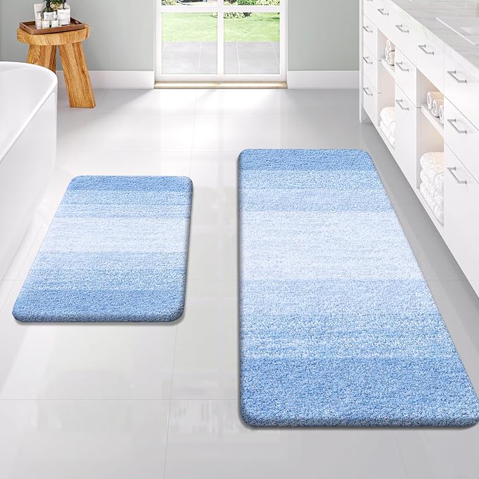 OLANLY Micorfiber Bathroom Rug Set 2 Piece, 47"x20"+24"x16" | Light Blue, Soft Absorbent Bath Rug Set, Non-Slip, Machine Wash Dry, Plush Shaggy Bath Mats for Bathroom