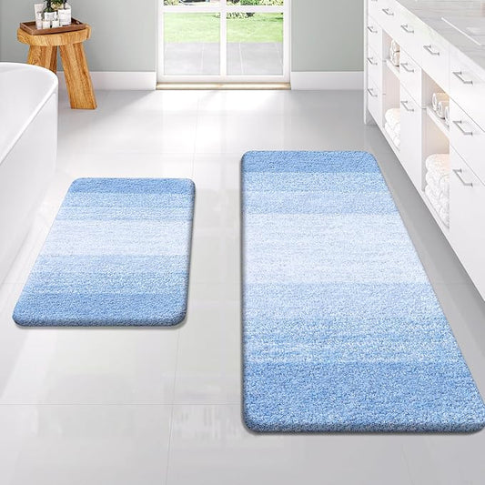OLANLY Micorfiber Bathroom Rug Set 2 Piece, 47"x20"+24"x16" | Light Blue, Soft Absorbent Bath Rug Set, Non-Slip, Machine Wash Dry, Plush Shaggy Bath Mats for Bathroom