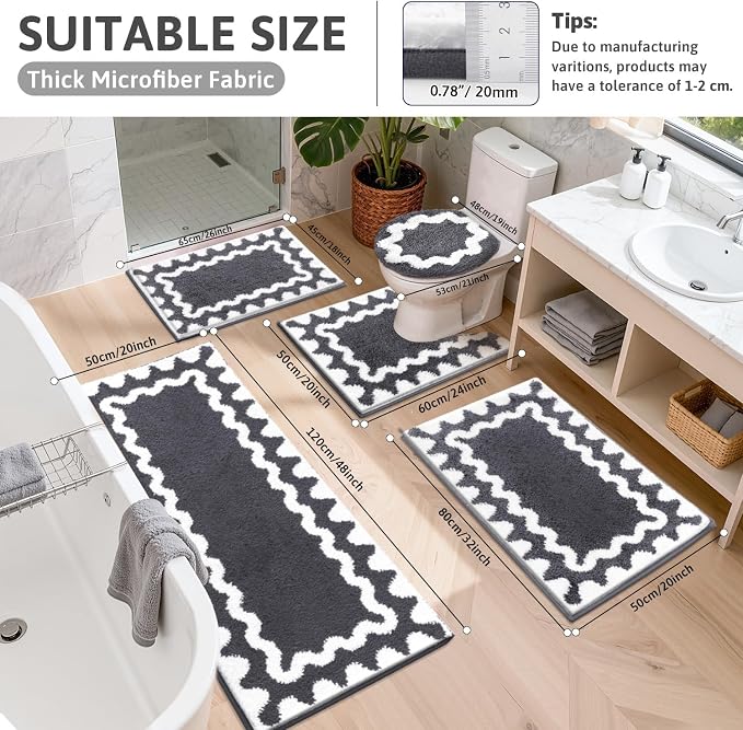 Findosom Bathroom Rugs Sets 5 Piece, Absorbent Soft Non-Slip Bath Rug Set | Washable Microfiber Shaggy Bath Mat Set with Bathroom Runner Rug, U-Shaped Toilet Rugs, Shower Rug&Toilet Lid Cover,Dark Gray