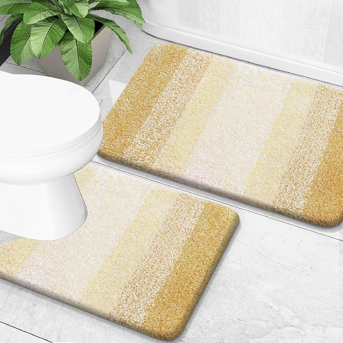 OLANLY Micorfiber Bathroom Rug Set 2 Piece, 30"x20"+U-Shaped 24"x20" | Light Yellow, Soft Absorbent Bath Mats and Contour Toilet Rug, Non-Slip, Machine Wash Dry, Plush Shaggy Bath Mat for Bathroom