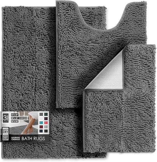 Hearth & Harbor Bathroom Rugs, Chenille Bath Mat - Machine Washable Bath Mats for Bathroom Non-Slip Backing Rubber, Quick Dry Mat - Grey Bath Rug, 17x24-26x44-20x24