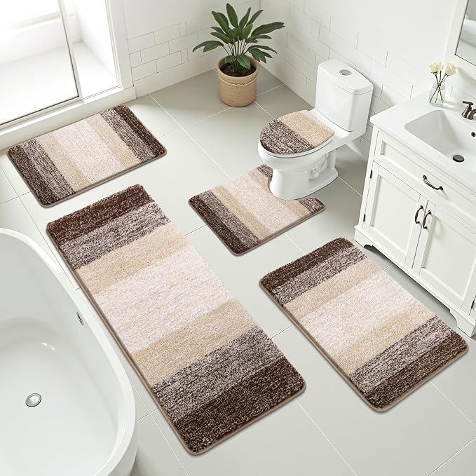Bsmathom Bathroom Rug Set 5 Piece, Plush Microfiber Bath Mat, Dark Coffee | Extra Water Absorbent, Non Slip Washable Runner Bath Rugs with Toilet Lid Cover and U-shaped Contour Toilet Mat