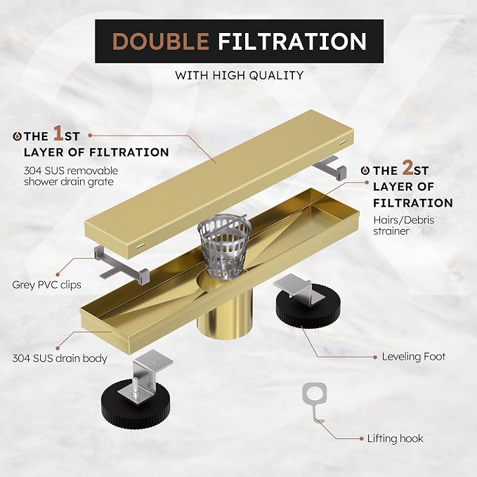 Linear Shower Drain 12 Inch,Modern Rectangle Shower Floor Drain with 2-in-1 Tile Insert Cover, Stainless Steel SUS 304, Linear Drain with Leveling Feet& Hair Strainer