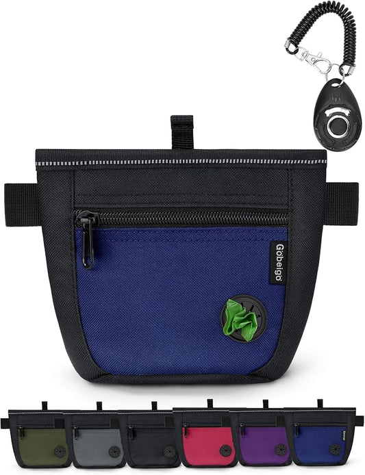 2 Cup Dog Treat Pouch with Training Clicker(Black/Blue) | 2 Pair Magnetic Closures, Zipper Pocket with Poop Bag Holder, Waist Belt & Metal Clip to Wear for Pet Training/Daily Walking