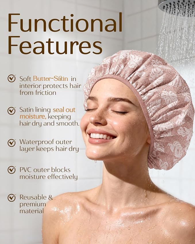Yanibest Frizz Free Satin Lined Shower Cap with Soft Elastic Band | Frizz Free & Large Durable Bath Cap with Soft Elastic Band, Luxury Hair Protection Caps, Nylon Shower Hair Cap