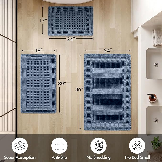 MIULEE Set of 2 Waffle Bathroom Rugs Bordered Bath Mat Blue 18x30 Inch | Non Slip, Super Absorbent, Washable, Ultra Soft, Rubber Backed Bath Rugs for Bathroom Floor Tub and Shower, Boho Decor