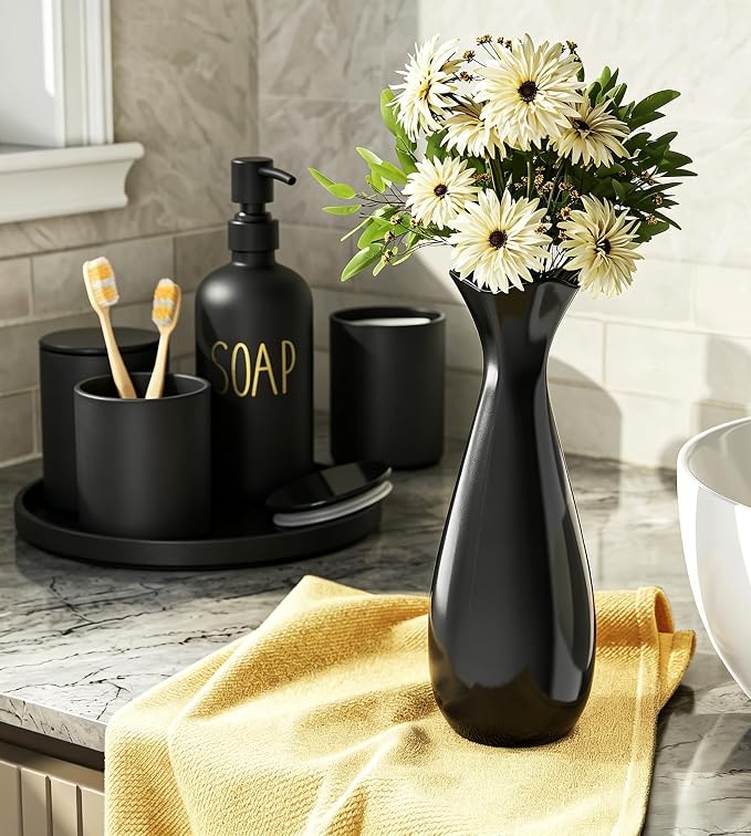 6Pcs Black Glass Bathroom Accessories Set with Tray, Bathroom Counter Set | Toothbrush Holder, Lotion Dispenser, Qtip Container, Vanity Tray, Tumbler- Elegant and Functional Décor Set