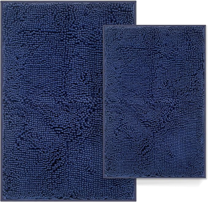 RUN HELIX Navy Blue Bathroom Rug Mat Set, Extra Thick and Absorbent Chenille Soft Plush Shaggy Non-Slip Bath Mats, Washable for Bathrooms, 24x16+20x32 Inch