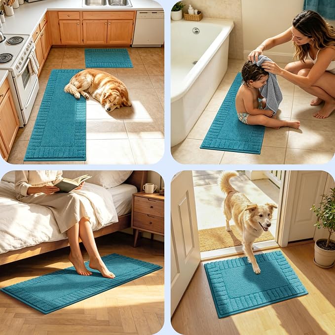 Pauwer Bathroom Rugs Sets 3 Piece, Microfiber Bath Mat Set, Aqua Blue | Non Slip Washable, Soft Plush, Extra Absorbent Bath Mats, U Shaped Contour Toilet Rug for Bathroom