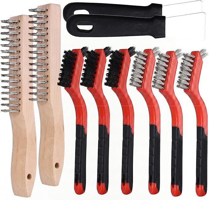 10-Piece Wire Brush Set - Heavy Duty Scratch Brushes with Stainless Steel & Nylon Bristles, Includes 2 Wood Handle Brushes and 2 Metal Scrapers for Welding Slag, Paint & BBQ