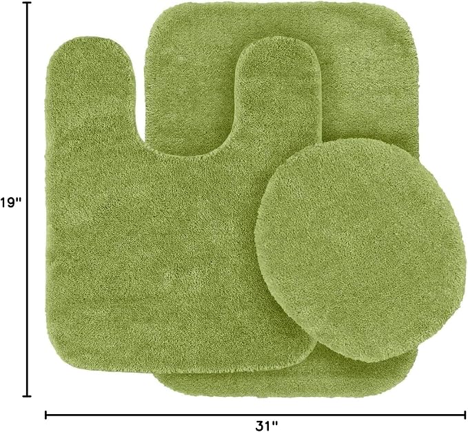 3pc Solid Non Slip Soft Bath Rug Set for Bathroom U-Shaped Contour Rug, Mat and Toilet Lid Cover New# Angela (Lime Green)