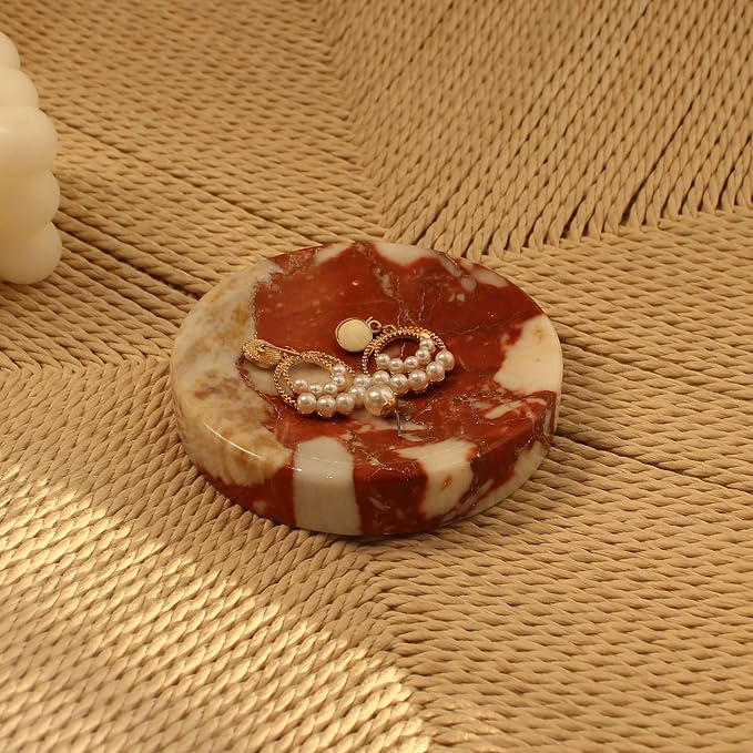 Natural Calacatta Red Marble Soap Dish, Round Small Jewelry Dish, Sponge Holder for Bathroom, Kitchen