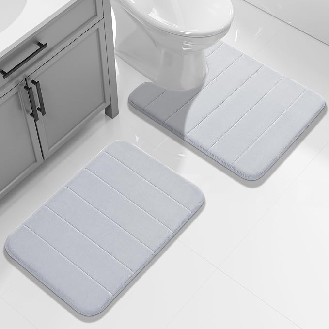 Yimobra Memory Foam Toilet Bath Mat U-Shaped, Commode Contour Rug, Soft and Comfortable, Super Water Absorbent, Non-Slip, Thick, Machine Wash Bathroom Commode Contour Rug, 24 X 20 Inches, Silver