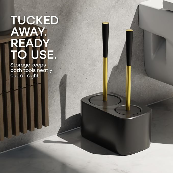 2-in-1 Toilet Bowl Brush and Plunger Set with Caddy – Gold | All-in-one toilet bowl brush and plunger combo with a compact plastic caddy & steel handles in gold