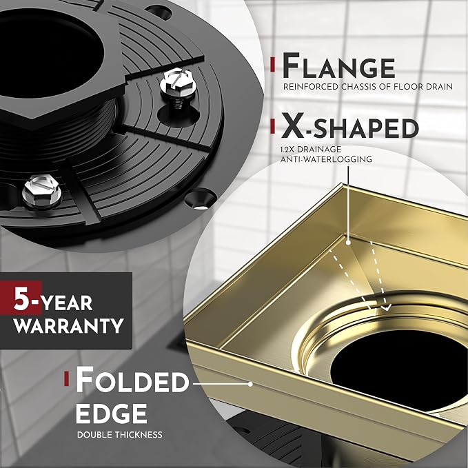 WEBANG 6 Inch Square Shower Drain Gold Floor Drain with Flange Wave-Hole Pattern Cover Grate Removable SUS304 Stainless Steel Watermark&CUPC Certified Brushed Gold