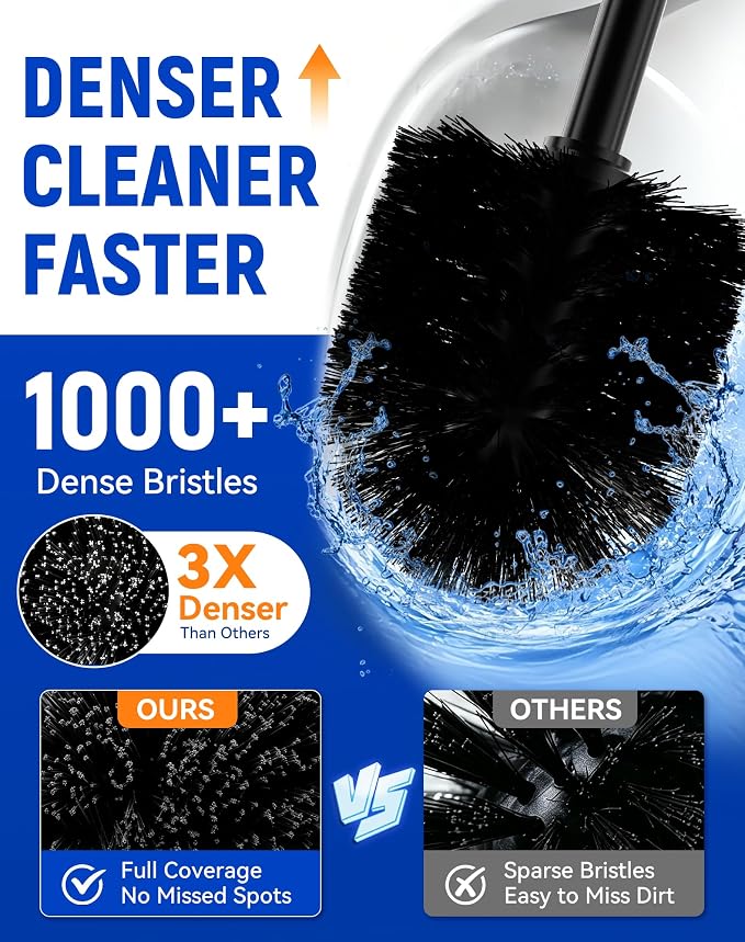 Dowry Toilet Bowl Brush and Holder for Bathroom, Deep Cleaning Toilet Brush and Holder Set with Long Handle, Hidden Toilet Bowl Scrubber with Replaceable Head,Modern Decor Black Round