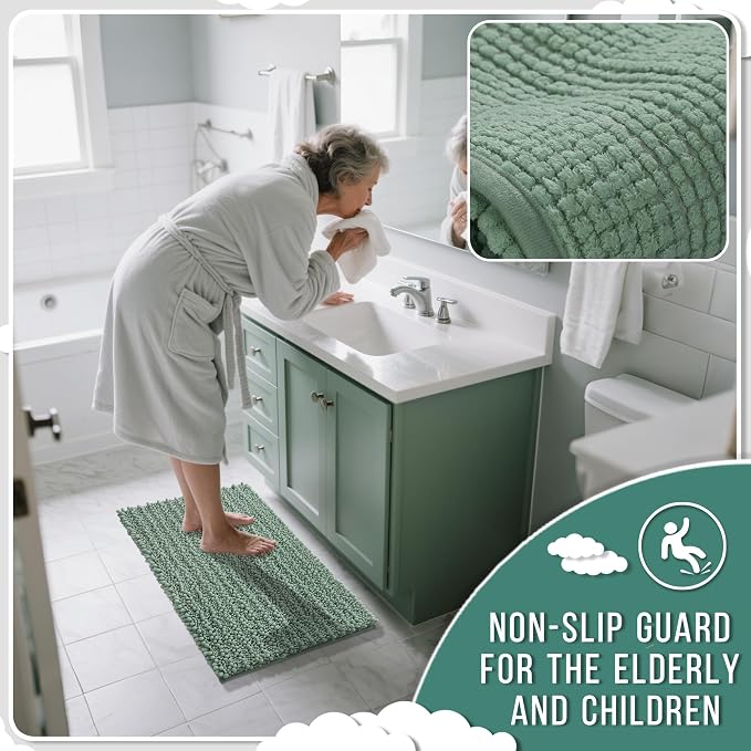 Yimobra Bathroom Rugs Sets 2 Piece - Quick Dry Extra Thick Luxury Chenille Bath Mat, Non Slip Super Absorbent for Tub Shower Sink, Machine Washable Shaggy Floor Mat, 32"x20"+24"x17" Inch, Green