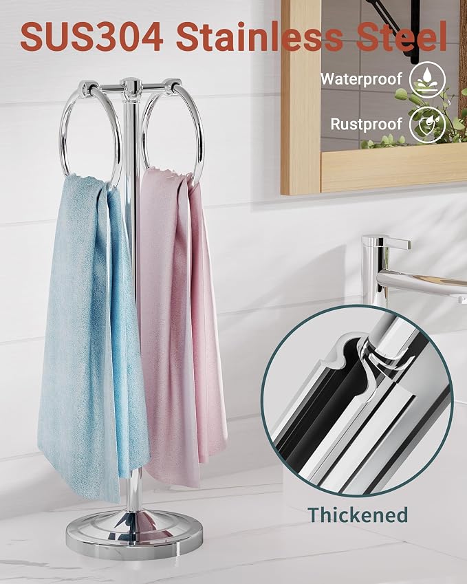 18" Hand Towel Holder Stand, Stainless Steel Free Standing Towel Rack Bar,Double Ring Towel Hanger with Weighted Base, Towel Hardware for Bathroom Vanity Kitchen Countertops(Chrome)