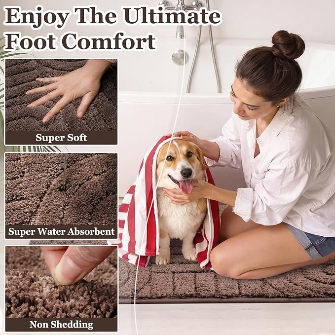 Homcomoda Bathroom Rugs Sets 5 Piece, Ultra Absorbent Bath Mat - Non-Slip Machine Washable Bath Rug Set with Bathroom Runner Rug, U-Shaped Toilet Rugs, Shower Rug & Toilet Lid Cover, Coffee