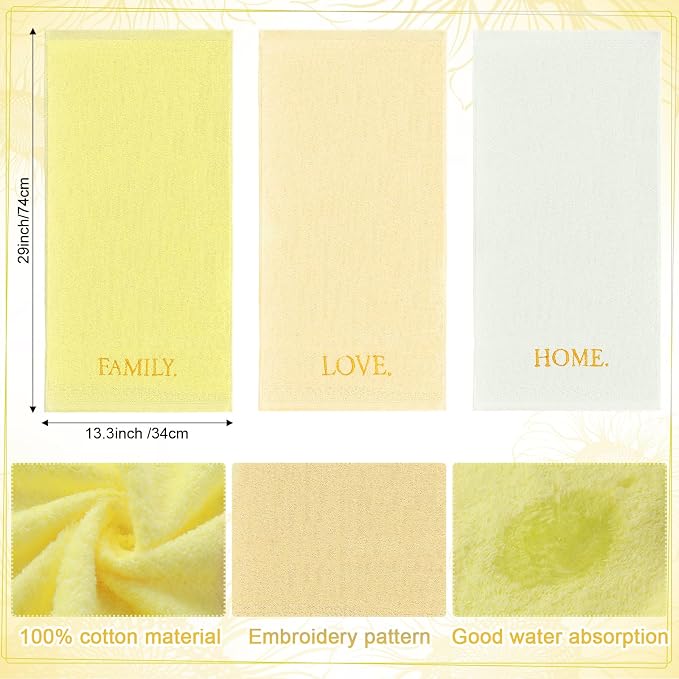 3 Pcs Hand Towels Bathroom Set,Yellow,Home Love Family | Embroidered Cotton Farmhouse Towels, Kitchen Decor, Rustic Boho Decorative with Text Labels, Guest Bath Home