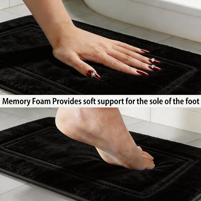 Bathroom Rugs Set 3 Piece Memory Foam, Bordered Toilet Rug, Non-Slip Black | Modern & Monochrome Decor — Black bath mats, absorbent and washable, with a U-shaped toilet mat.