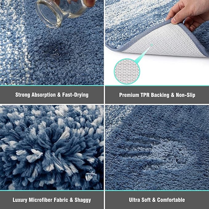 Vaukki Luxury Soft Bathroom Rugs Set of 2, Blue Non Slip Bath Floor Mat | Microfiber Shaggy Plush Absorbent Striped Washable Bath Carpet for Tub, Bathroom and Shower, 18''x26''+20''x32''