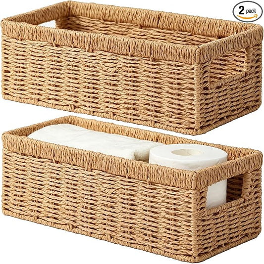 Vagusicc Wicker Storage Basket, Paper Rope Wicker Baskets with Handles, Toilet Paper Basket for Toilet Tank Top, Small Wicke Baskets for Organizing Shelves, 2-Pack, Natural