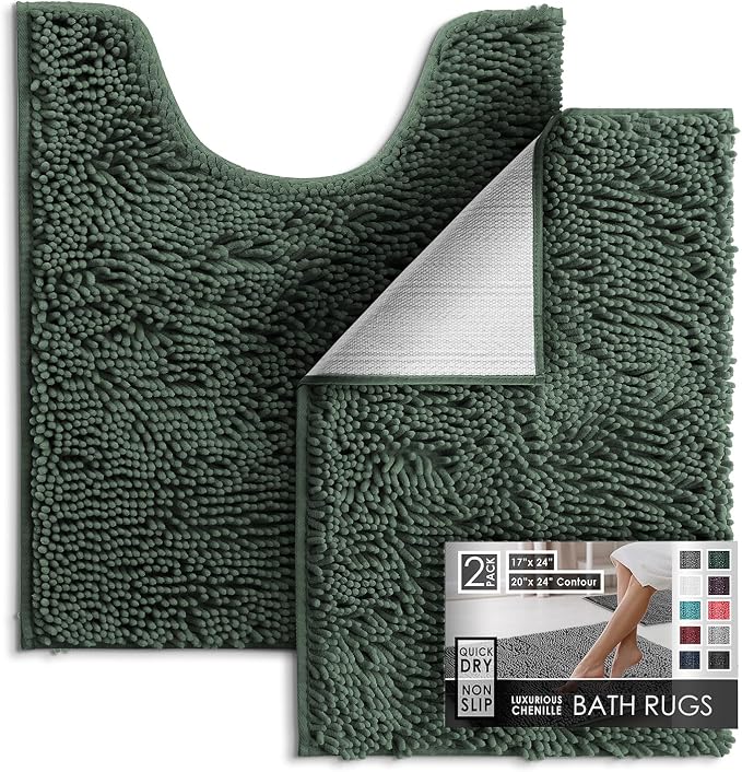 Hearth & Harbor Bathroom Rugs, Chenille Bath Mat - Machine Washable Bath Mats for Bathroom Non-Slip Backing Rubber, Quick Dry Bathroom Mat - Hunter Green 17x24-20x24