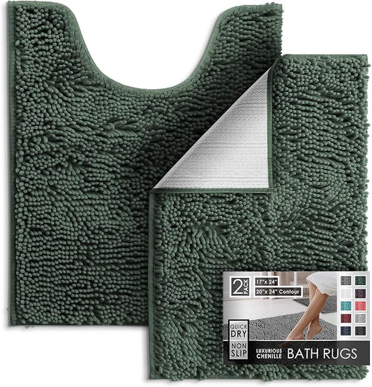 Hearth & Harbor Bathroom Rugs, Chenille Bath Mat - Machine Washable Bath Mats for Bathroom Non-Slip Backing Rubber, Quick Dry Bathroom Mat - Hunter Green 17x24-20x24