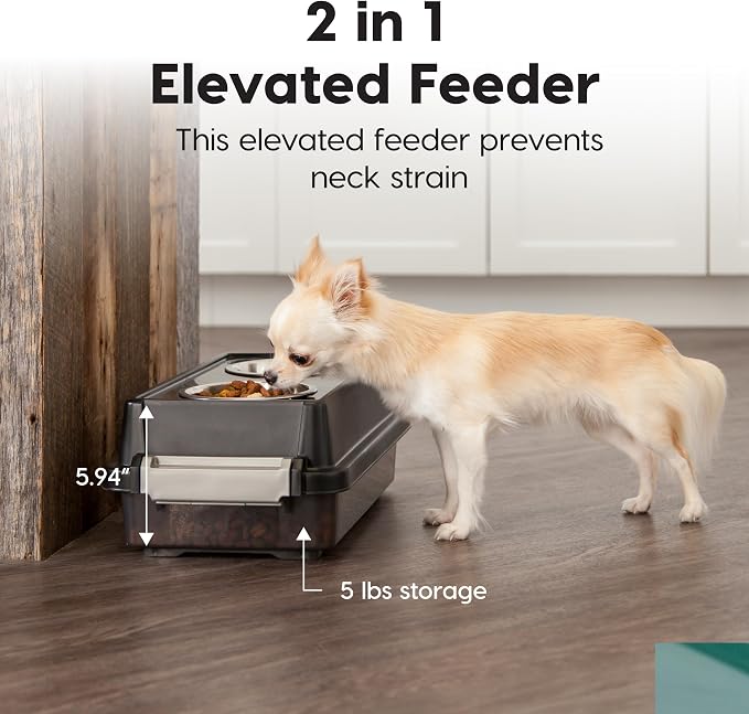 IRIS USA Elevated Dog Bowls 6" H, up to 5 lb Storage, Black, Made in USA | Comes with 4 Stainless Steel Bowls (16 oz), Elevated Feeder, Reduce Strain, Perfect for Camping & Outdoors