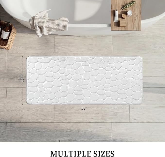 YIHOUSE Memory Foam Runner Rug, Cobblestone Bathroom Runner Rugs Super Water Absorbent Bath Mats for Bathroom Machine Washable Bath Rugs for Hallway Bedroom Laundry Room(20 x 47,White)