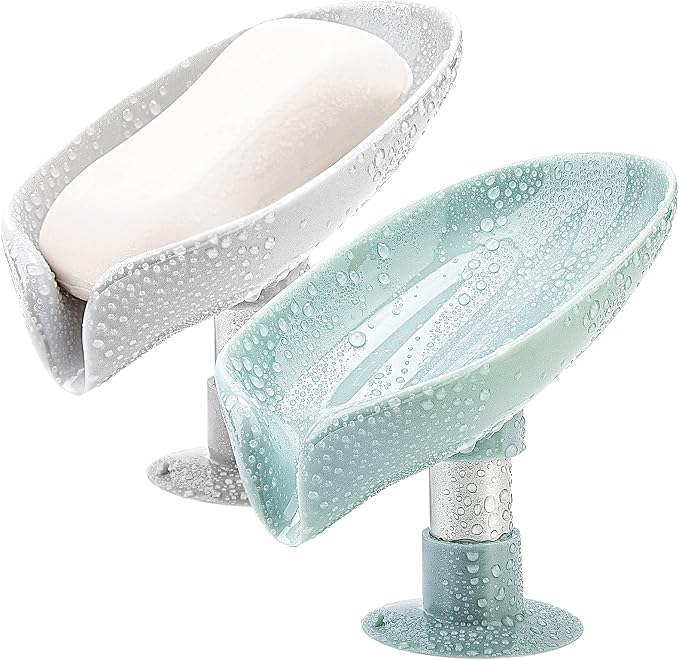 2 Pack Soap Holder Leaf-Shape Self Draining Soap Dish Holder, Not Punched Easy Clean Bar Soap Holder, with Suction Cup Soap Dish Suitable for Shower, Bathroom, Kitchen Sink (Grey + Green)