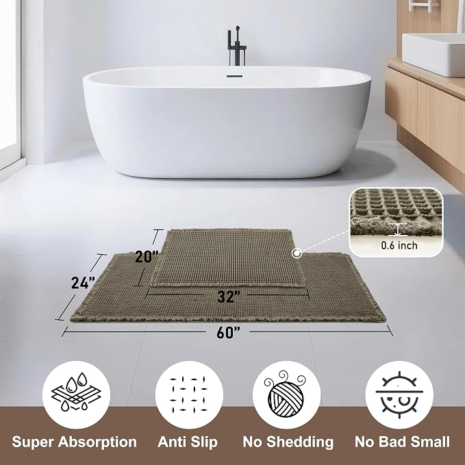 JIUZHEN Set of 2 Waffle Bath Mats Boho Bathroom Runner Rug 20"x32"+24"x60" | Olive Green, Non Slip, Super Absorbent, Washable, Soft, Fast Drying Bath Rug and Bathroom Runner for Kitchen Hallway Laundry