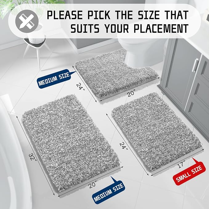 Yimobra Fluffy Bathroom Toilet Rug Set, 24x17+24x20, Light Gray and White | Soft Absorbent Microfiber Bath Mat Set, Non Slip, Machine Washable Quick Dry, Plush Shaggy Shower Rugs for Bathroom Floor