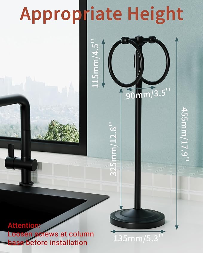 18" Hand Towel Holder Stand, Stainless Steel Free Standing Towel Rack Bar,Double Ring Towel Hanger with Weighted Base, Towel Hardware for Bathroom Vanity Kitchen Countertops(Matte Black)