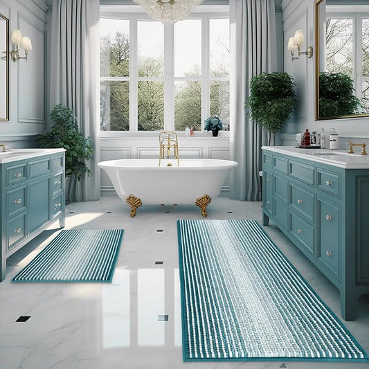 Bathroom Rugs Sets 2 Piece, Non Slip Striped Bath Mats, Teal | 24"x70" Plus 20"x32", Soft Absorbent Chenille, Quick Dry Machine Washable, Shower Rug for Bathroom Floor, Tub, Bedroom Decor