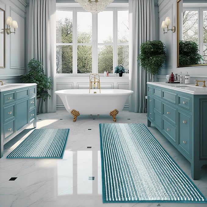 Bathroom Rugs Sets 2 Piece, Non Slip Striped Bath Mats, Teal | 20"x60" Plus 20"x32", Soft Absorbent Chenille, Quick Dry Machine Washable, Shower Rug for Bathroom Floor, Tub, Bedroom Decor