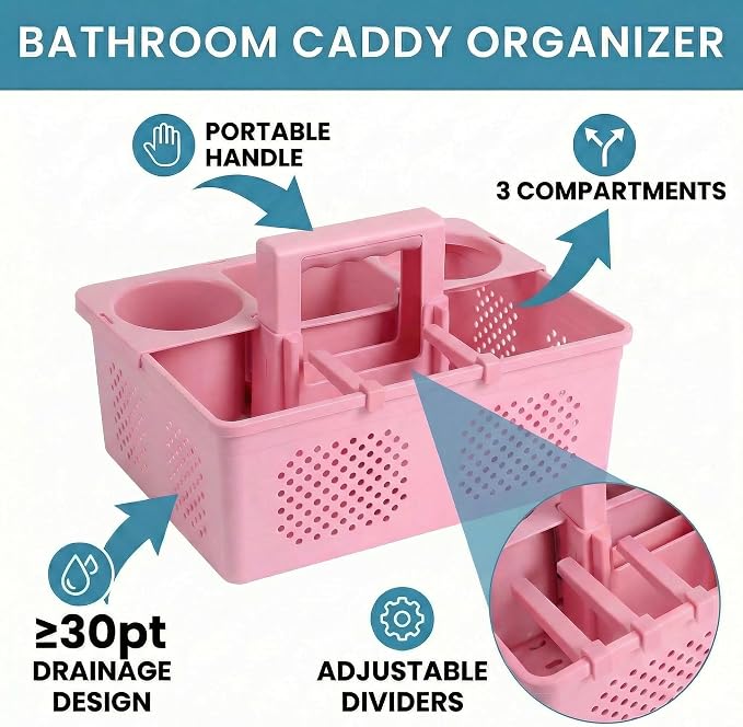 KMV Dorm Room Portable Shower Caddy with Adjustable Compartments - Ventilated Drainage Design with Handles, Perfect Toiletries Organizer for College Dorms-pink