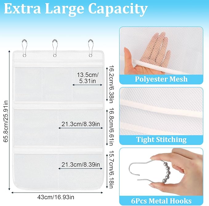 Mesh Shower Organizer for Bath, 2 Pack Mesh Shower Caddy Hanging, Quick Dry | 7 Pockets in Multiple Sizes, 6 Hooks, Portable for Dorms, Gyms, Cruises, Camping, RVs, Toiletry and Travel