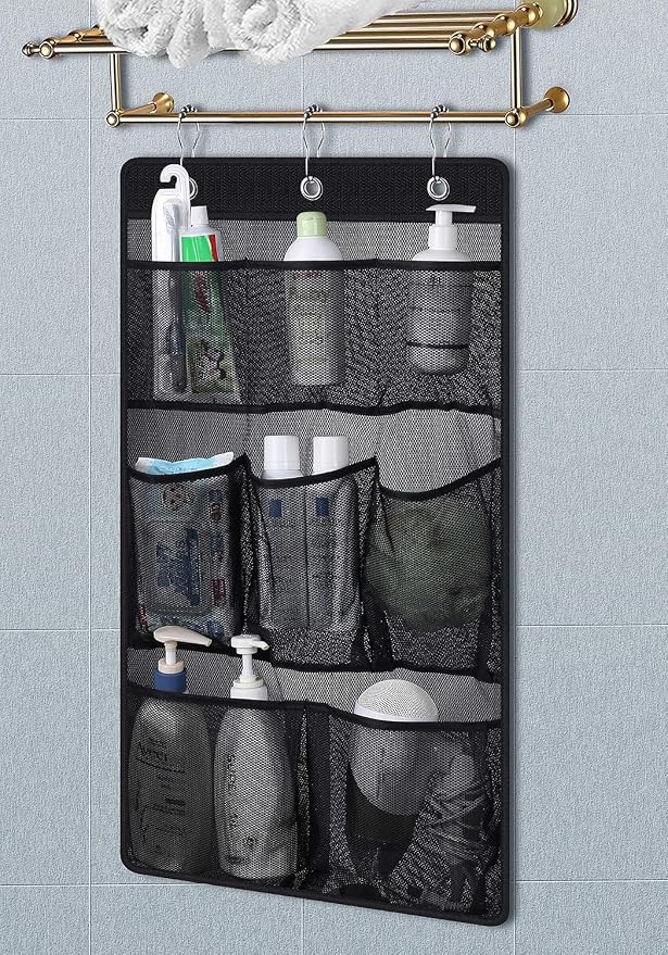 KIMBORA Mesh Shower Caddy Hanging Bathroom Organizer Storage with 2 Large Pockets 3 Rings Hang Curtain Rod for Dorm Cruise RV, Black