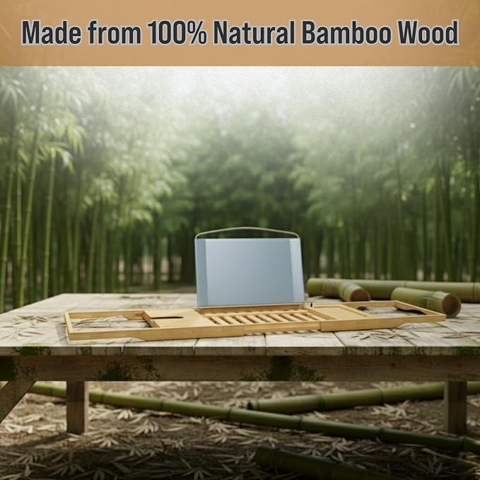 Bamboo Bathtub Caddy Tray with Extending Wood Sides -Fits Any Bath, Hot Tub and Jacuzzi