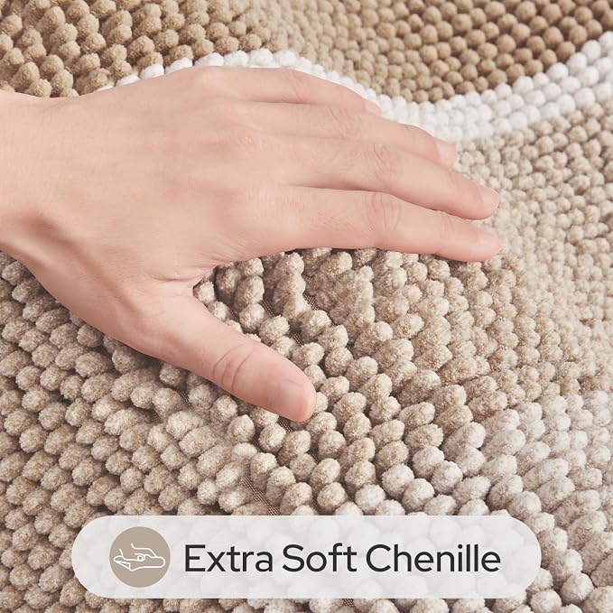 HOMEIDEAS Beige Bathroom Rugs Set of 2, Striped Chenille, 20"x32"+17"x24" | Non Slip Absorbent Bath Mats, Fluffy Striped Chenille Soft Shaggy Bath Rugs for Bathroom Floor and Tub, Machine Washable
