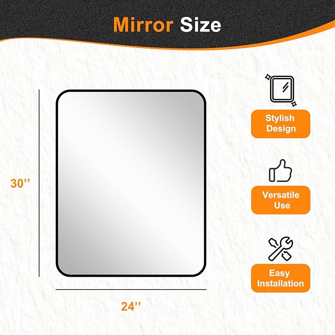 Delma Bathroom Vanity Mirror, Black Framed Mirror for Over Sink, 30x24 | HD glass, distortion-free for makeup and grooming, Sturdy frame, all mounting hardware, hangs horizontal or vertical