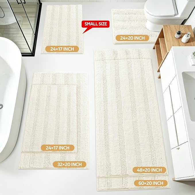 ACCUMTEK Striped Ice Cream Bathroom Rug Set 3 Pieces Ultra Soft, Non Slip Chenille Toilet Mat, Absorbent Plush Shaggy Bath Mats for Bathroom, Bedroom, Kitchen