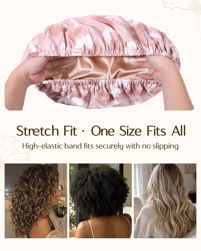 Yanibest Satin Lined Shower Cap, Shower Caps for Women Reusable Waterproof | Frizz Free & Large Durable Bath Cap with Soft Elastic Band, Luxury Hair Protection Caps, Nylon Shower Hair Cap