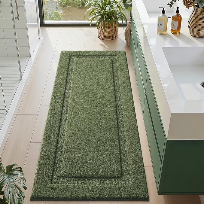 LUMI Ultra Soft Bathroom Runner Rugs, Non Slip Bath Mat 24x60, Green | Machine Washable with Rubber Backing, Quick Dry, Premium Microfiber Carpet for Shower Floor