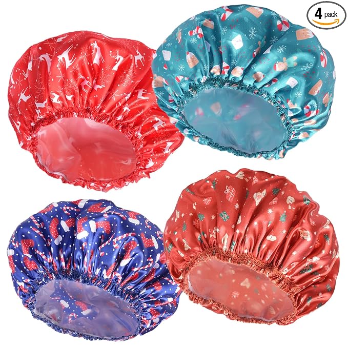Shower Caps for Women, 4 PCS Reusable Waterproof Bath Cap | Double Layer, Washable, Wide Elastic Band, Holds Long Hair, Caps for Bath Accessories, Spa, Travel Home - Chrismas Pattern